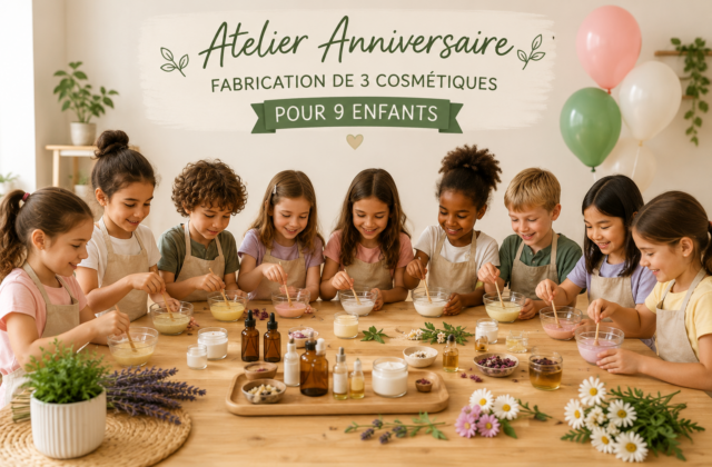 Atelier anniversaire pour 9 enfants, fabrication de 3 cosmétiques – Saclay